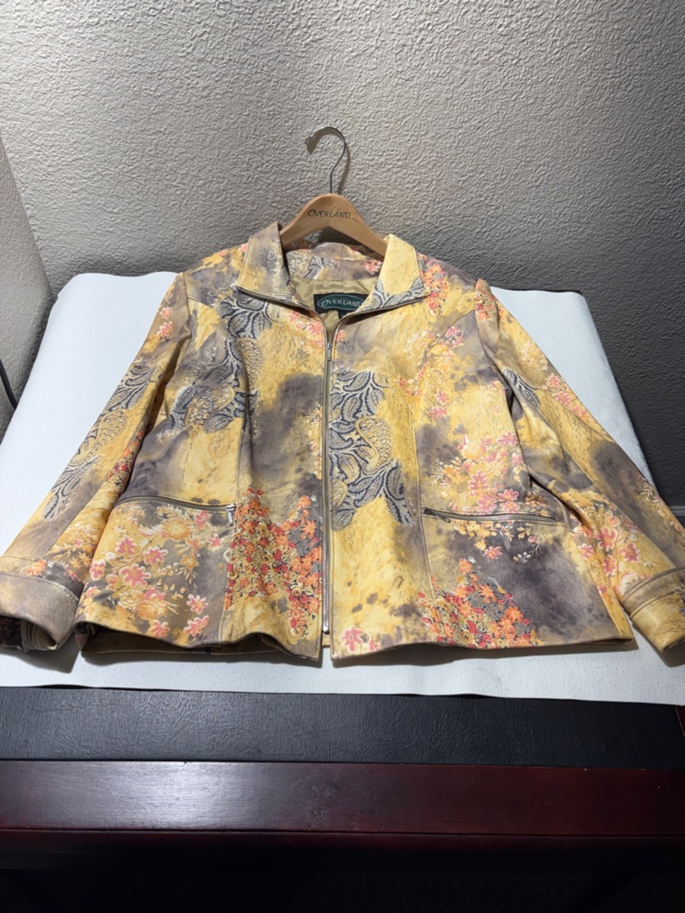 Overland Leather Yellow Floral-Print Zip Jacket